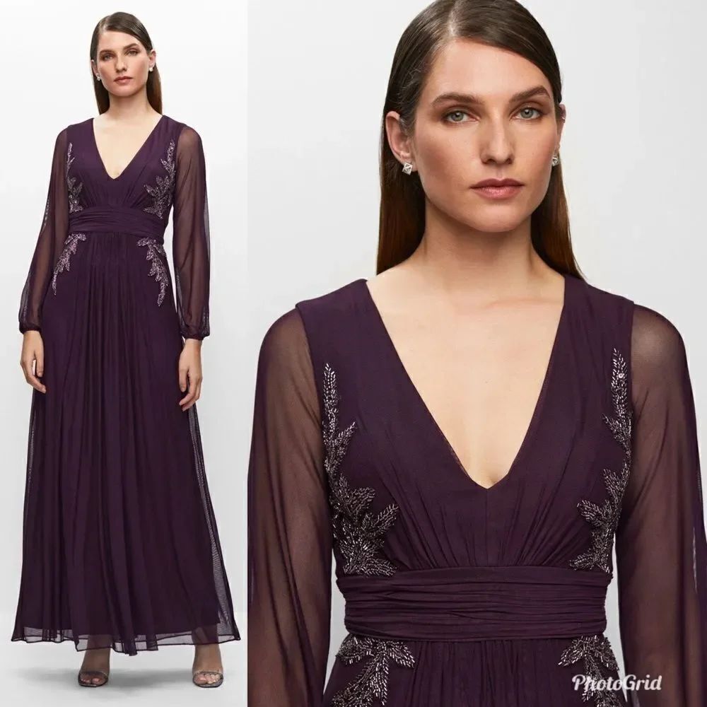 Revolve Betsy & Adam Kylie V-Neck Embroidered Chiffon Gown in Plum Purple
